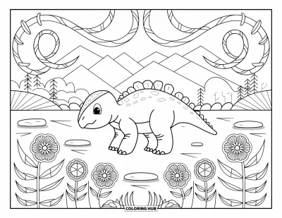 Tegning af babydinosaurer til voksne: En knudret ankylosaurus er indrammet af snoede slyngplanter og detaljerede blomstermønstre