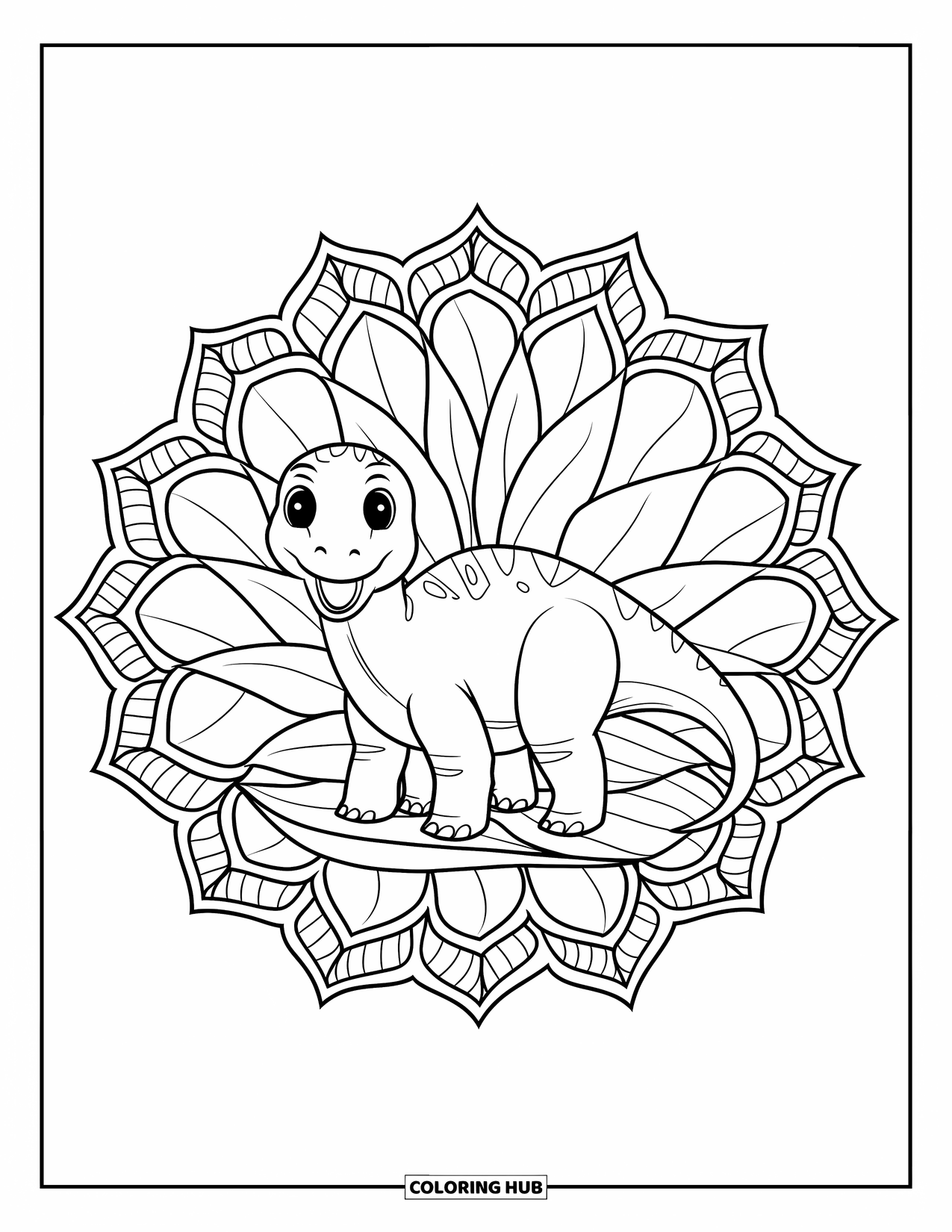 Baby Dinosaur Coloring Page for Adults: A cheerful brontosaurus stands in the middle of a leafy mandala on a white background