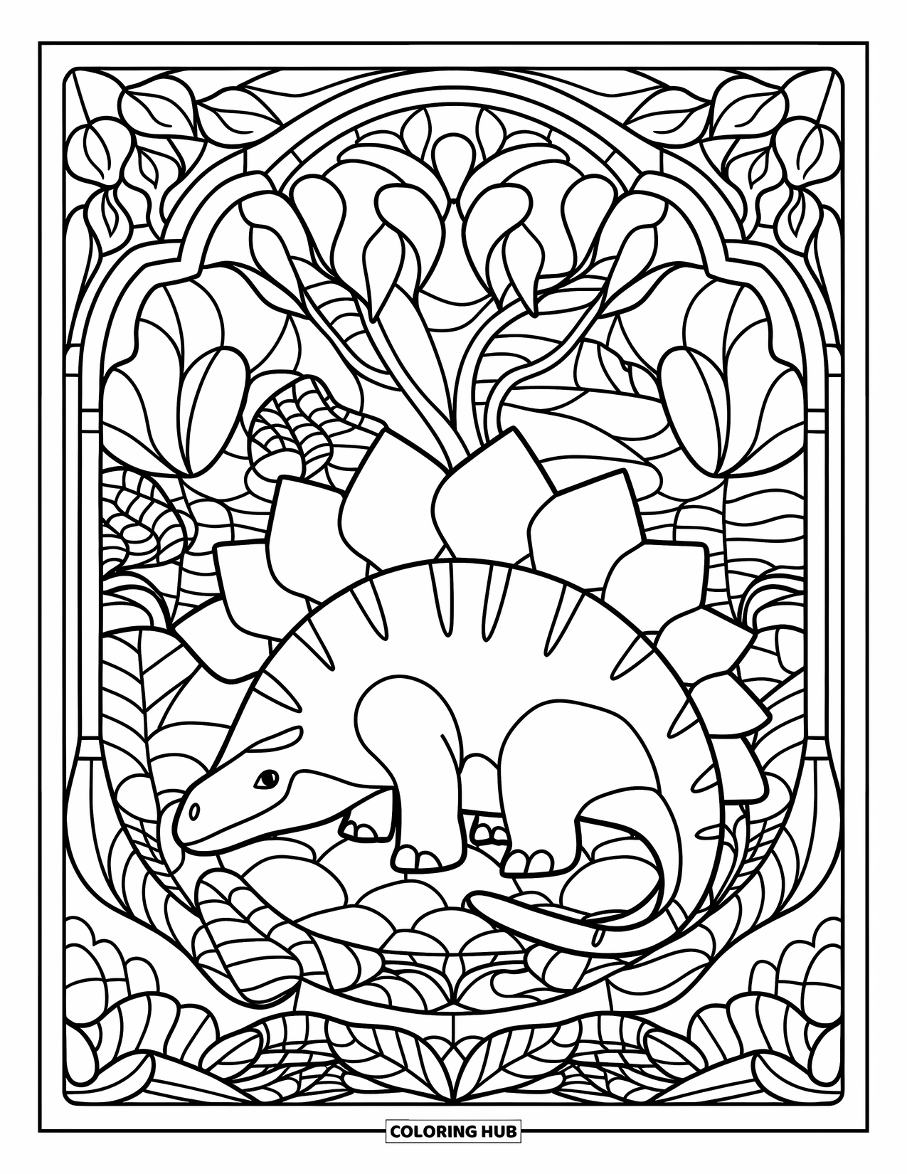 Baby Dinosaur Coloring Page for Adults: A cozy stegosaurus rests in a prehistoric jungle with stained glass-style forest details