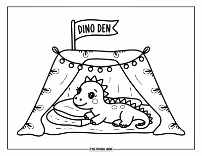 Tegning af babydinosaurer til voksne: En glad dinosaur slapper af inde i en hyggelig "Dino Den" lavet af tæpper og puder