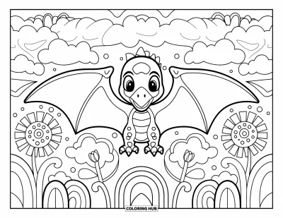 Tegning af babydinosaurer til voksne: En glad pterodaktyl er omgivet af detaljerede skyer og bløde vingede blomsterbuer
