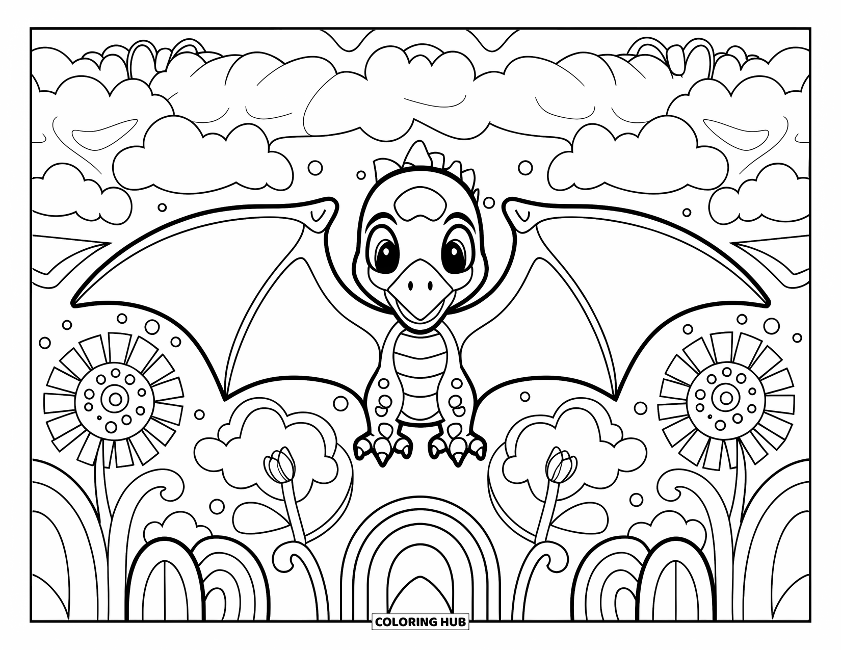 Baby Dinosaur Coloring Page for Adults: A happy pterodactyl is surrounded by detailed clouds and soft, winged floral arches