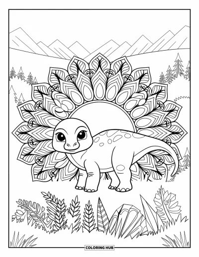 Tegning af babydinosaurer til voksne: En smilende brontosaurus står inde i et mandalamønster af løv og fredfyldte naturdetaljer