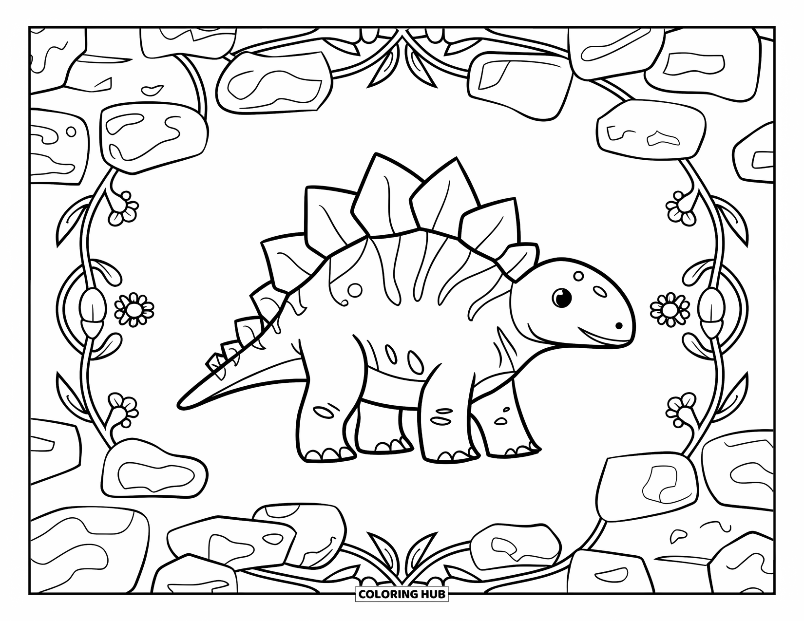 Baby Dinosaur Coloring Page for Adults: Baby ankylosaurus sits framed by vines, flowers, and stones in a beautiful, balanced layout