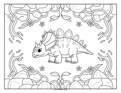 Tegning af babydinosaurer til voksne: Baby-ankylosaurus sidder omgivet af slyngplanter og blomster i et afslappende symmetrisk motiv