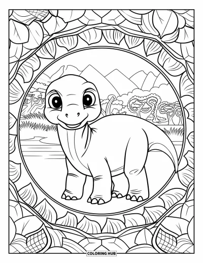 Tegning af babydinosaurer til voksne: Baby-brontosaurus står på et blad omgivet af en mandala med lag af løv