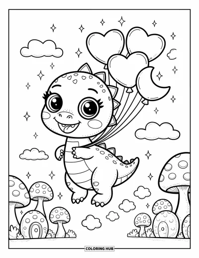 Tegning af babydinosaurer til voksne: babydinosaurer flyder over svampehuse mens den holder stjerne-, måne- og hjertebalonner