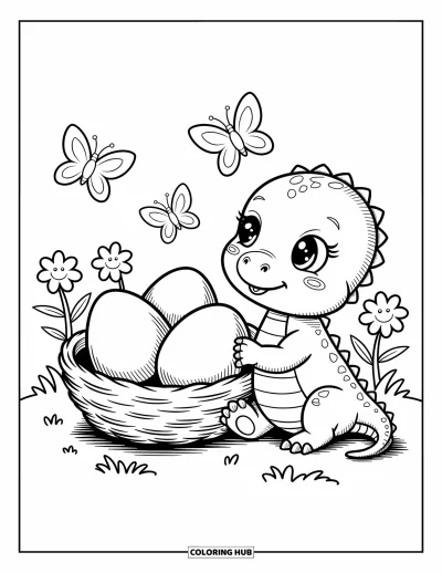 Tegning af babydinosaurer til voksne: babydinosaurer hviler ved en rede med æg omgivet af sommerfugle og blomstrende glade blomster