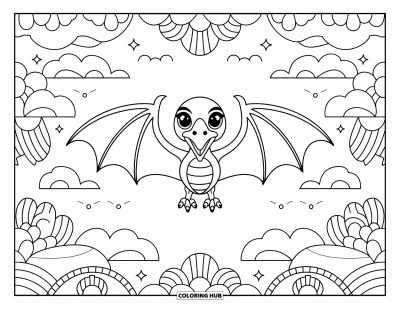 Tegning af babydinosaurer til voksne: Baby-pterodaktyl hviler i centrum af skyer, blomster og elegante bueformede mønstre