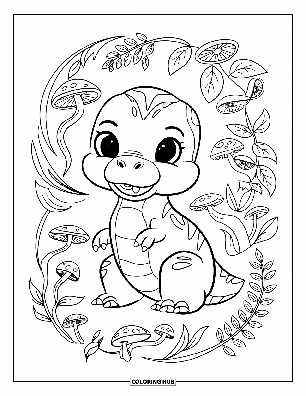 Baby Dinosaur Coloring Page for Adults: Baby T-rex sits among swirling mushrooms, ferns, and leafy vines on a white page
