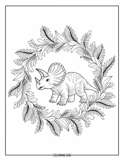 Tegning af babydinosaurer til voksne: Baby-triceratops sidder midt i en blomstermandala med bregner og bløde slyngplanter