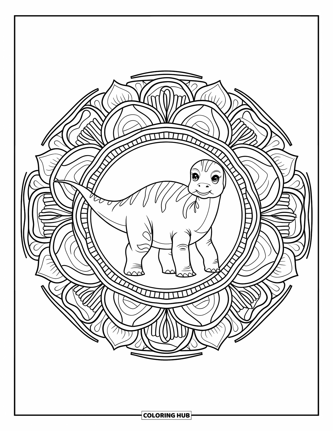 Baby Dinosaur Coloring Page for Adults: Brontosaurus stands in a round mandala filled with layered leaves and calm patterns