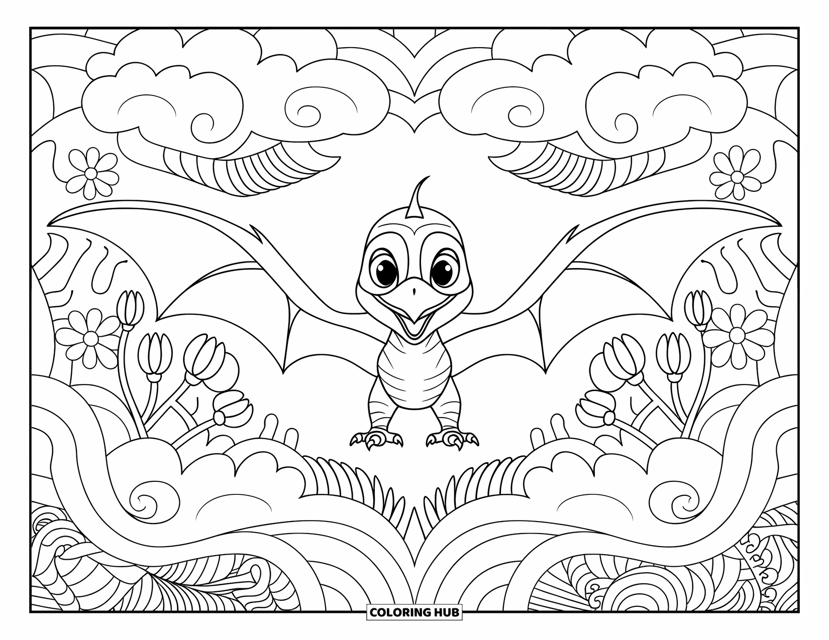 Baby Dinosaur Coloring Page for Adults: Centered in swirling clouds and blooming arches, a baby pterodactyl brings peaceful vibes