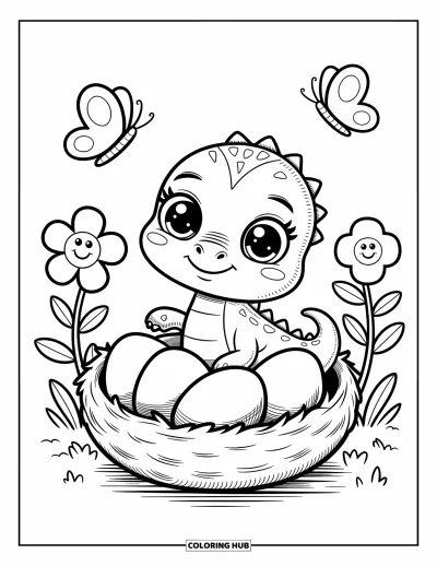 Tegning af babydinosaurer til voksne: Nysgerrig dino sidder ved siden af æg i en rede mens sommerfugle og glade blomster omgiver den