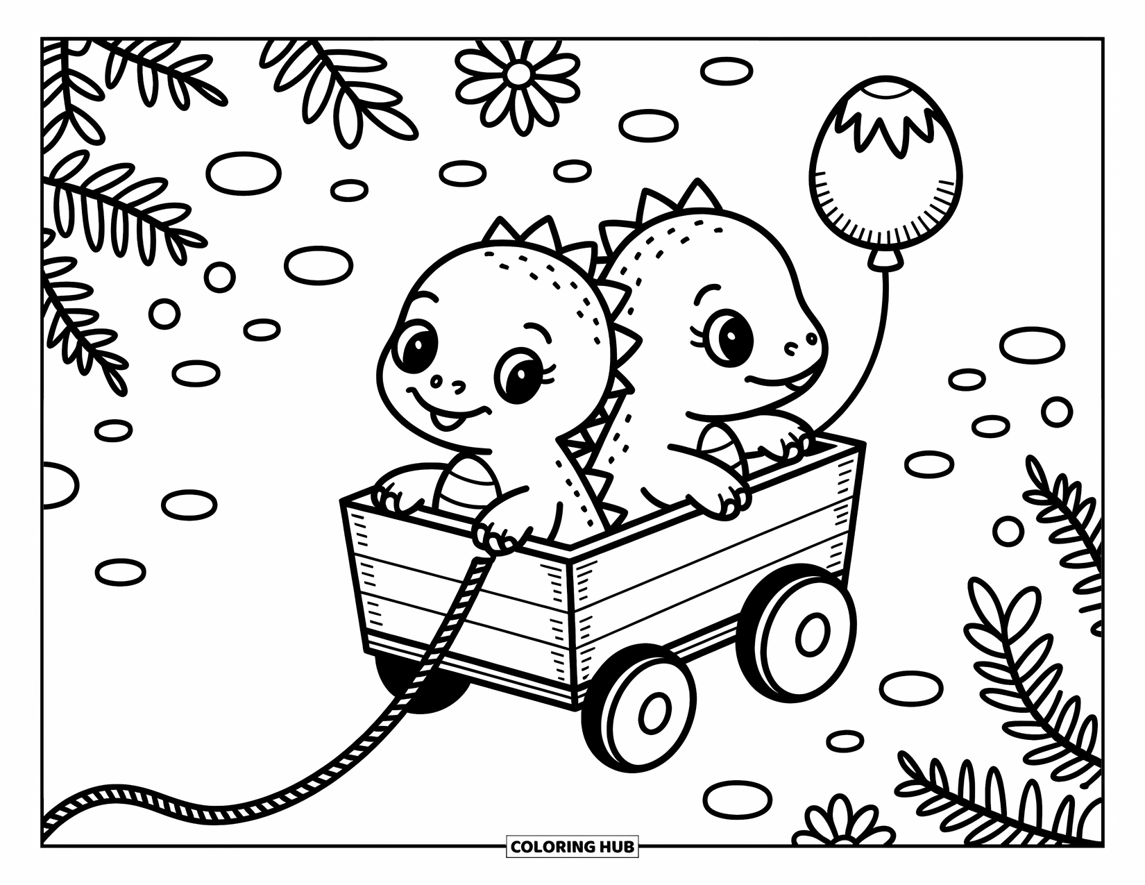 Baby Dinosaur Coloring Page for Adults: Curious dinosaurs share a wagon ride along a path with daisies and tiny pebbles