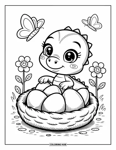 Tegning af babydinosaurer til voksne: Dino drejer hovedet mod en rede med æg mens sommerfugle flagrer og blomster smiler