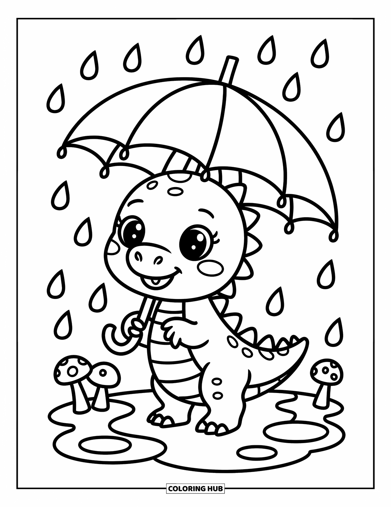 Baby Dinosaur Coloring Page for Adults: Happy dinosaur holds a leaf umbrella while raindrops fall near puddles and floating flowers