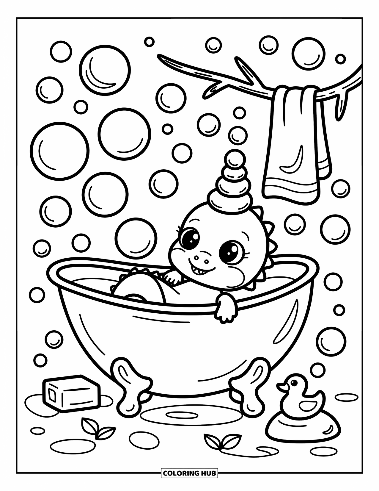 Baby Dinosaur Coloring Page for Adults: Little dino lounges in a leaf tub surrounded by bubbles and cozy bath details