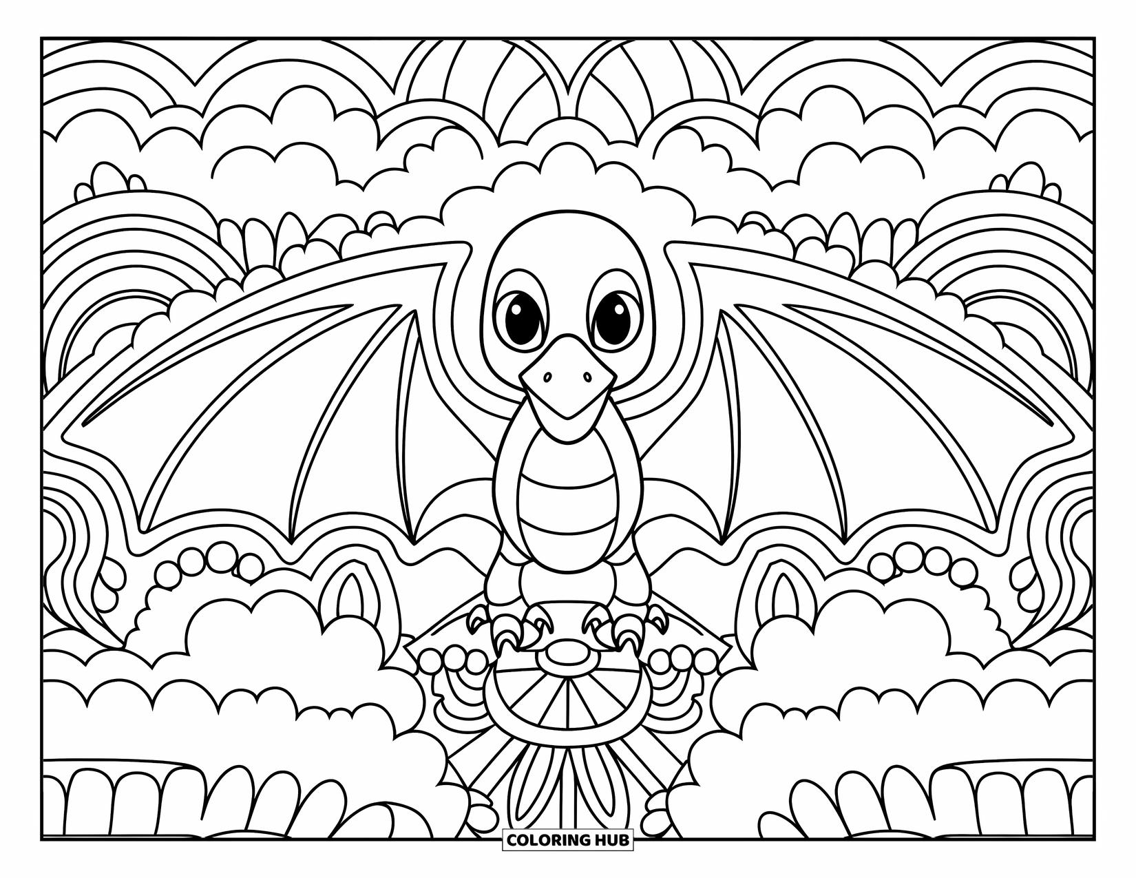 Baby Dinosaur Coloring Page for Adults: Pterodactyl sits surrounded by intricate clouds, floral swirls, and graceful wing-like arches