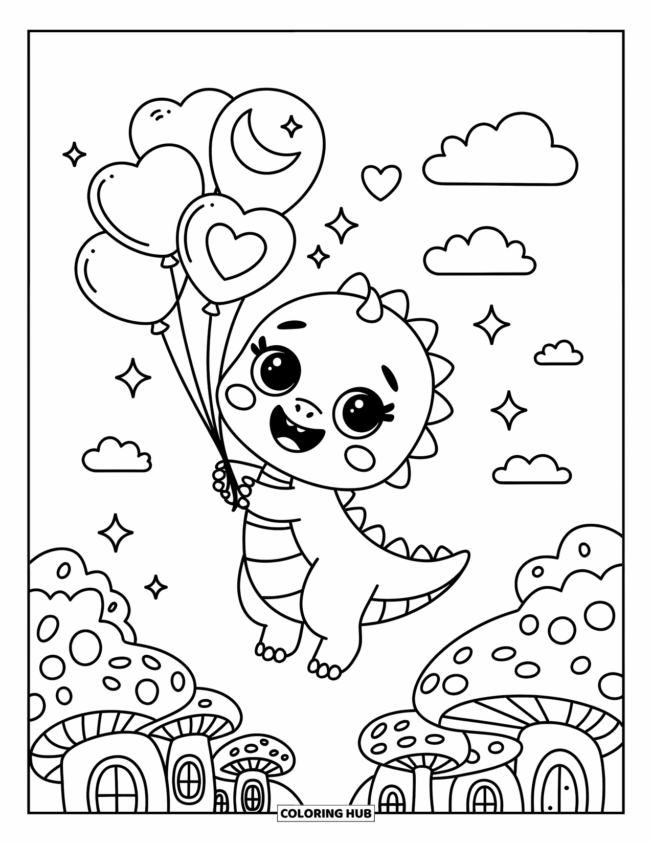 Baby Dinosaur Coloring Page for Adults: Tiny dinosaur floats above a cozy village with cute balloons and fluffy trees