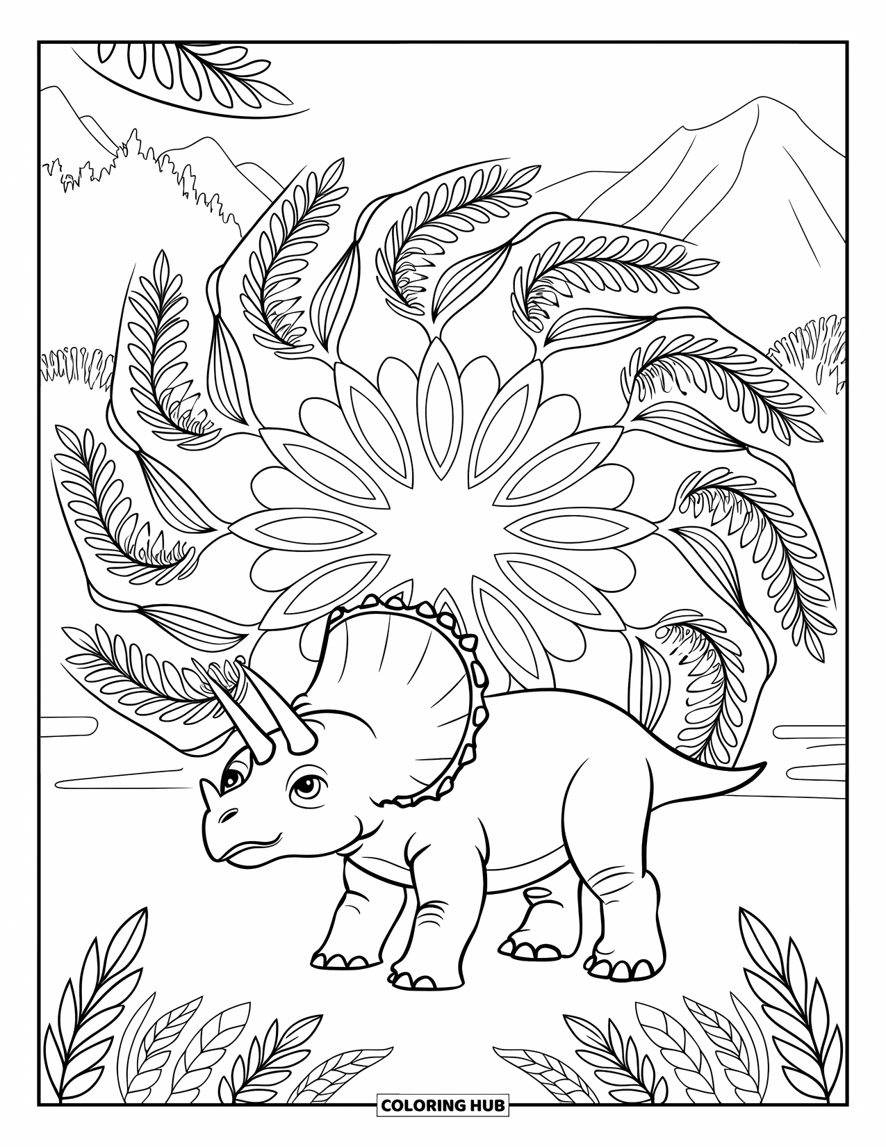 Baby Dinosaur Coloring Page for Adults: Triceratops is surrounded by a peaceful mandala of leaves, vines, and mountain views