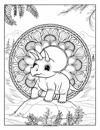 Tegning af babydinosaurer til voksne: Triceratops hviler på en sten indrammet af en rund mandala af bløde slyngplanter og bregner