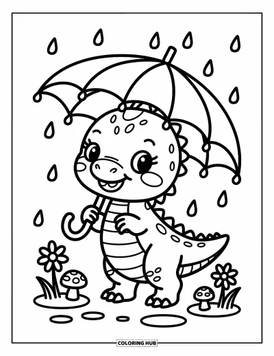 Tegning af babydinosaurer til voksne: Under en bladparaply nyder en lille dino regnen med blomster flydende ved dens fødder