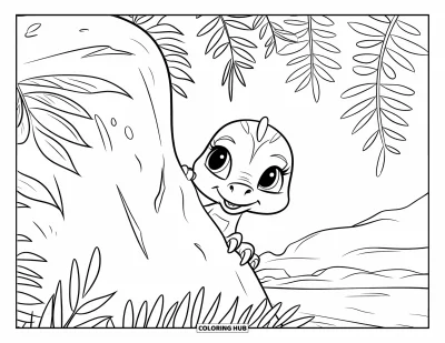 Tegning af babydinosaurer til børn: En babydinosaurer kigger legesygt frem bag en sten med store bladrige bregner