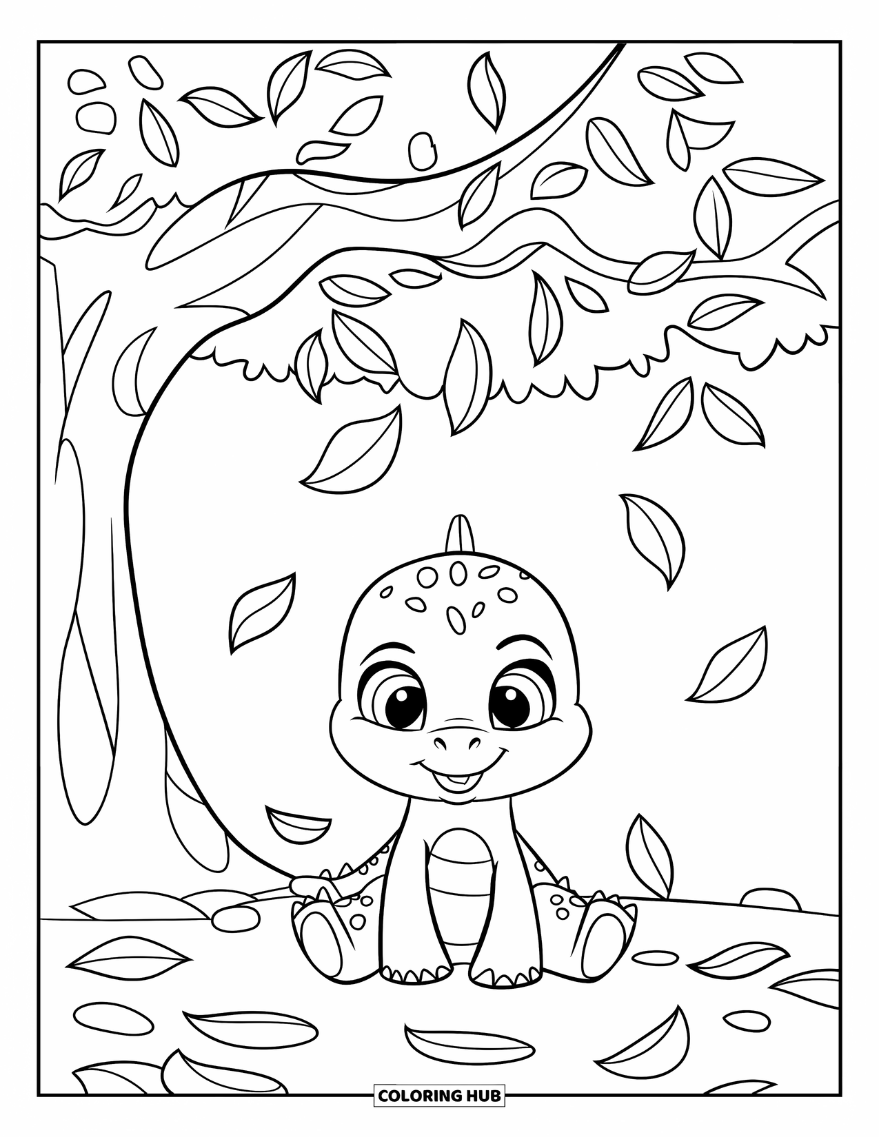 Baby Dinosaur Coloring Page for Kids: A baby dinosaur relaxes under a tree while leaves gently fall around it