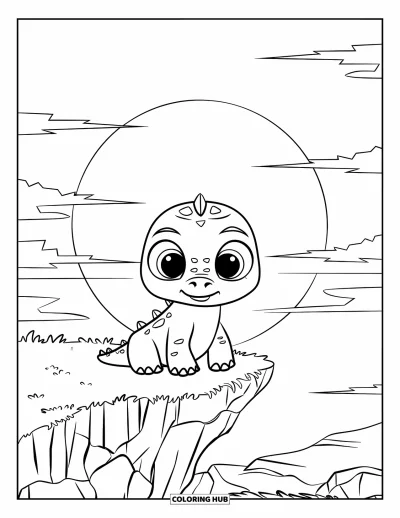 Tegning af babydinosaurer til børn: En babydinosaurer ser på solnedgangen fra en klippeskrænt i stille ro
