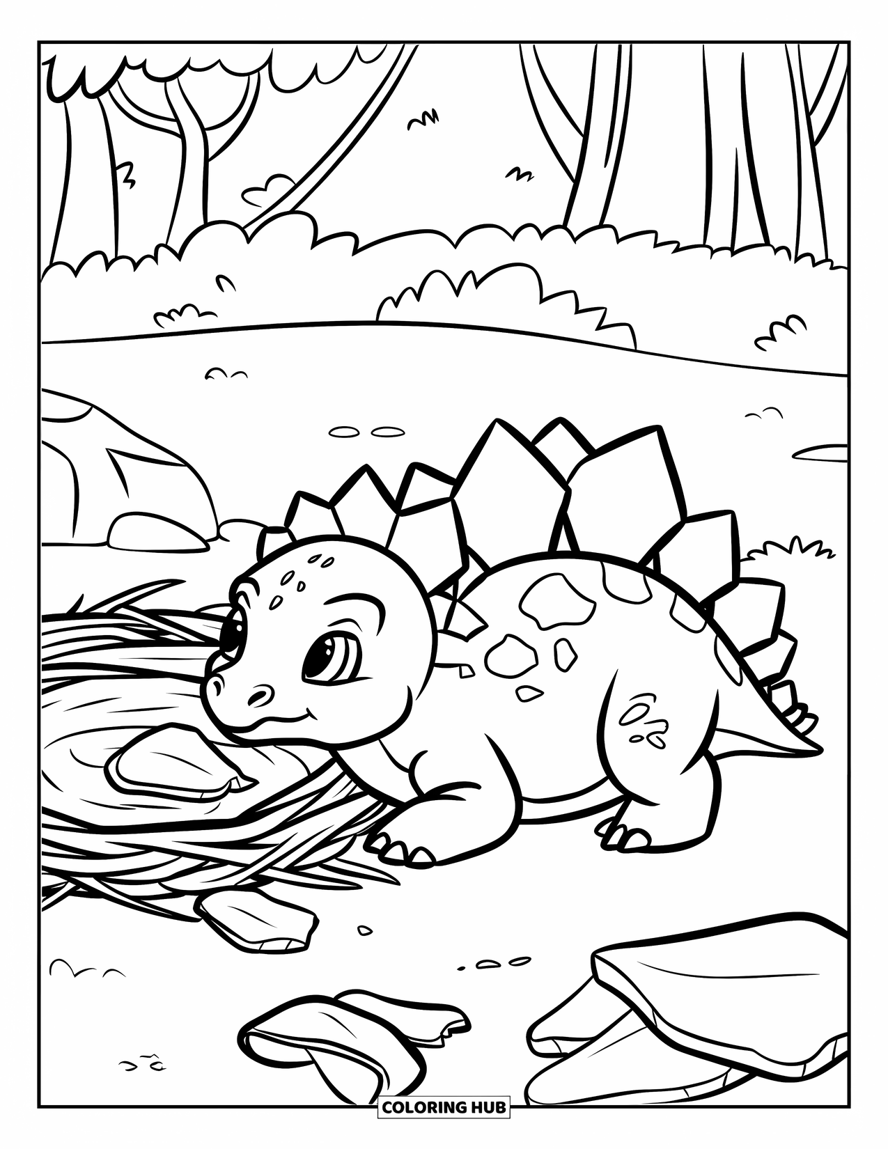 Baby Dinosaur Coloring Page for Kids: A baby stegosaurus lies beside a broken nest with tiny shell pieces nearby