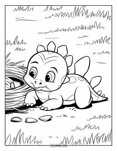 Tegning af babydinosaurer til børn: En baby-stegosaurus ligger nær knuste æggeskaller på det græsklædte underlag