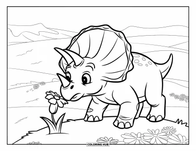 Tegning af babydinosaurer til børn: En baby-triceratops stopper op for at beundre en blomst på en græsklædt bakke