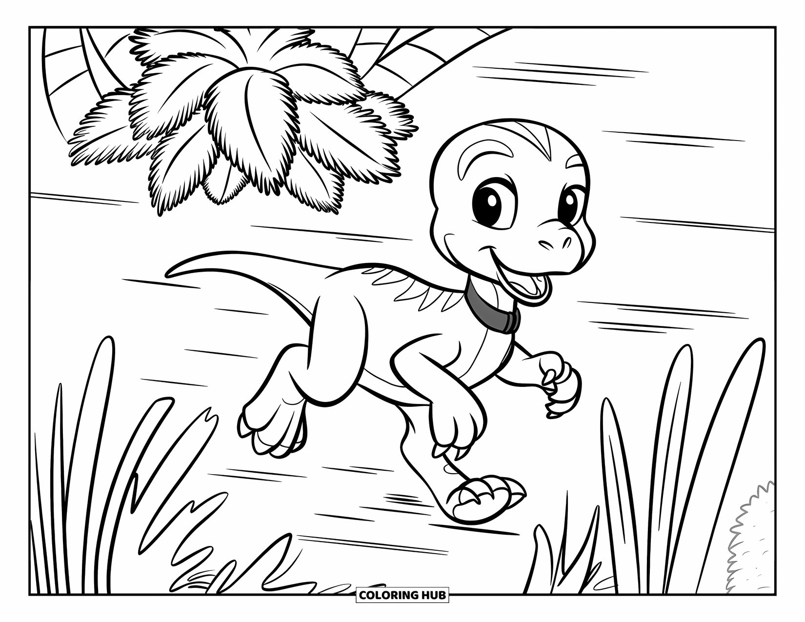 Baby Dinosaur Coloring Page for Kids: A baby velociraptor wearing a collar runs fast through tall, leafy plants