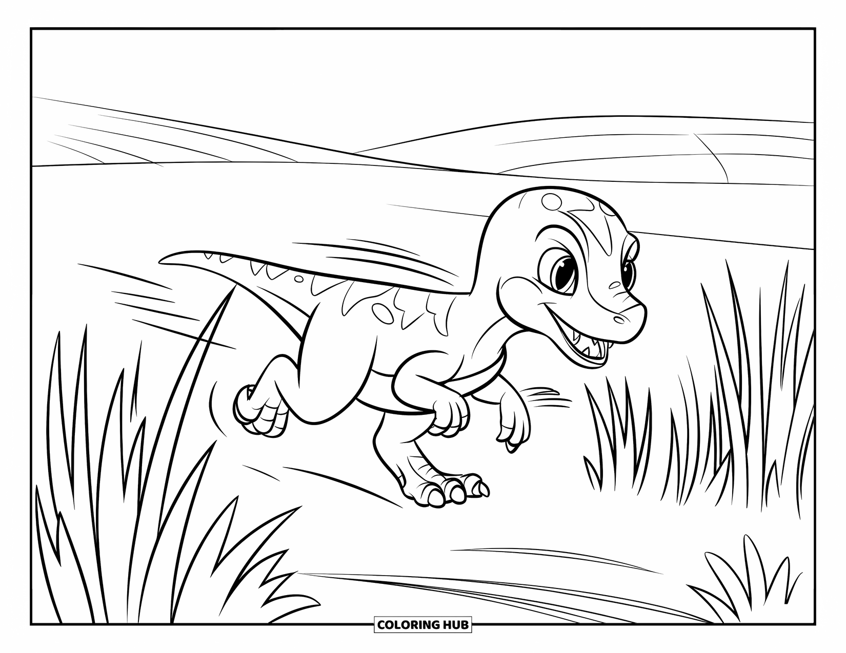Baby Dinosaur Coloring Page for Kids: A speedy baby velociraptor zips through grassy hills, leaving motion trails behind