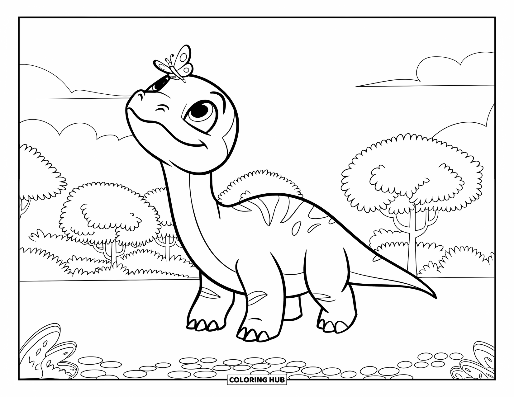 Baby Dinosaur Coloring Page for Kids: Baby brontosaurus gazes at a butterfly floating above its nose in a sunny forest