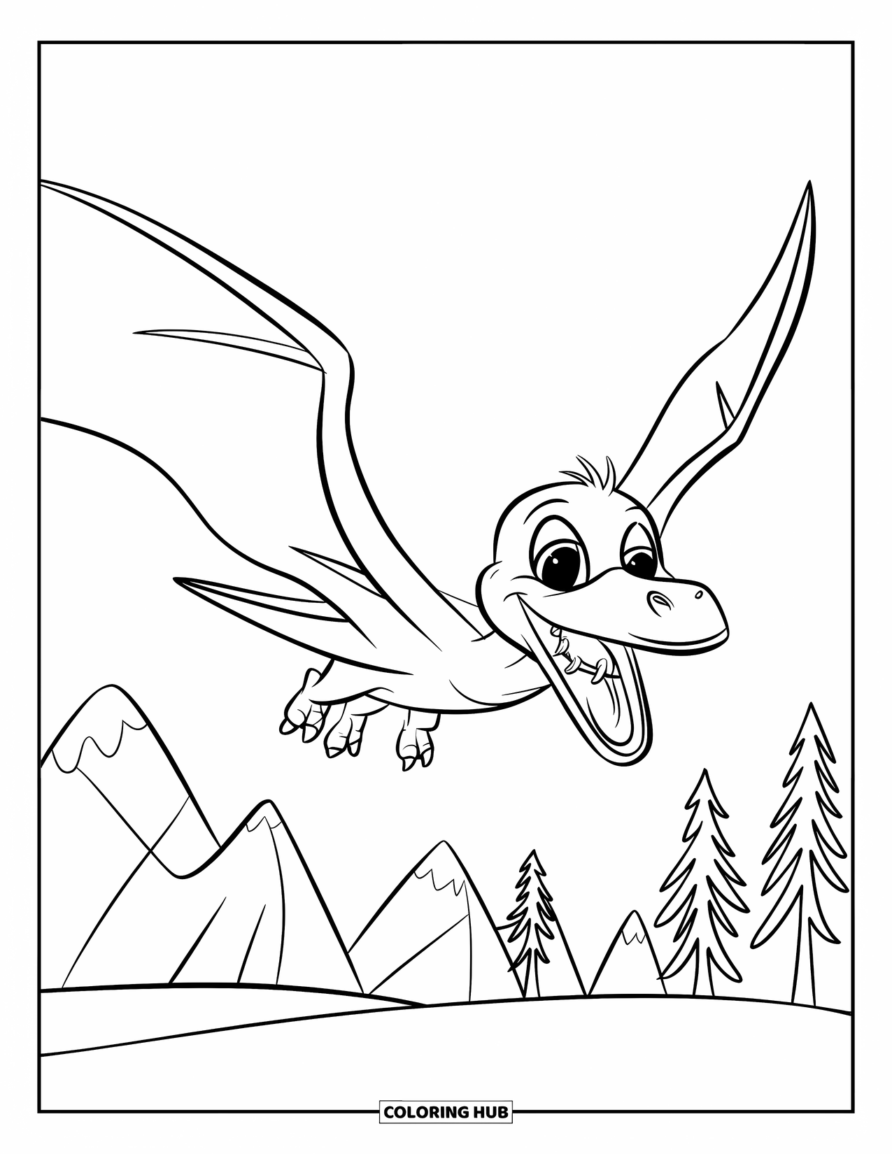 Baby Dinosaur Coloring Page for Kids: Baby pterodactyl flies above mountains and trees with its mouth open wide