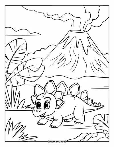 Tegning af babydinosaurer til børn: Baby-stegosaurus leger glad nær en rygende vulkan med bladplanter rundt om