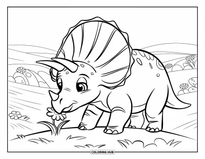 Tegning af babydinosaurer til børn: Baby-triceratops snuser forsigtigt til en blomst på en bakke omgivet af flere blomster