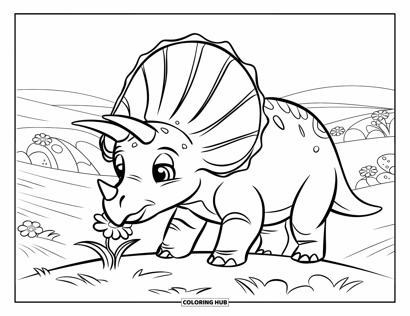 Baby Dinosaur Coloring Page for Kids: Baby triceratops gently sniffs a flower on a hill surrounded by more blooms