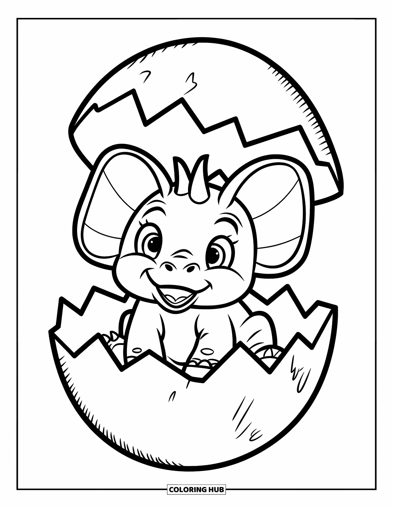 Baby Dinosaur Coloring Page for Kids: Baby triceratops sits inside a cracked egg with a big cheerful smile