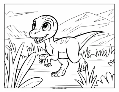 Tegning af babydinosaurer til børn: Baby-velociraptor løber gennem højt græs med bevægelseslinjer og et stort energiudbrud