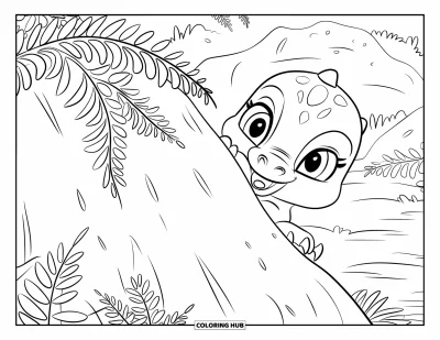Tegning af babydinosaurer til børn: Storøjet babydinosaurer gemmer sig bag en bladrig sten midt i en skov