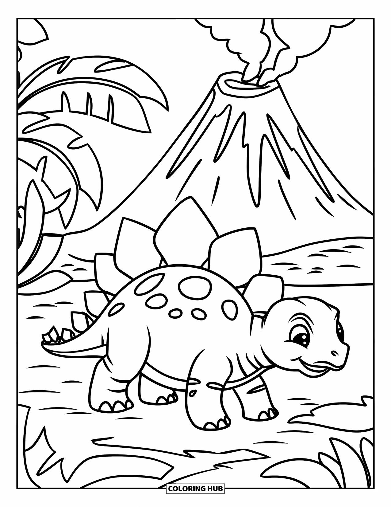 Baby Dinosaur Coloring Page for Kids: Cheerful stegosaurus explores near a steaming volcano surrounded by rocky terrain and big plants