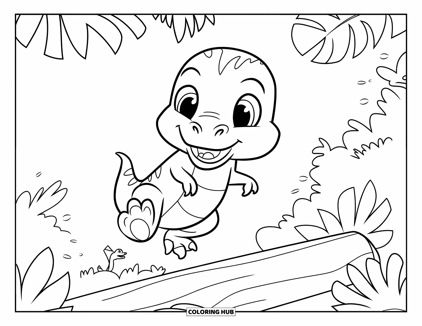 Baby Dinosaur Coloring Page for Kids: Cheerful T-rex leaps over a log while other tiny dinosaurs peek from the trees