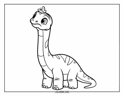 Tegning af babydinosaurer til børn: Nysgerrig baby-brontosaurus strækker halsen mod en sommerfugl i luften