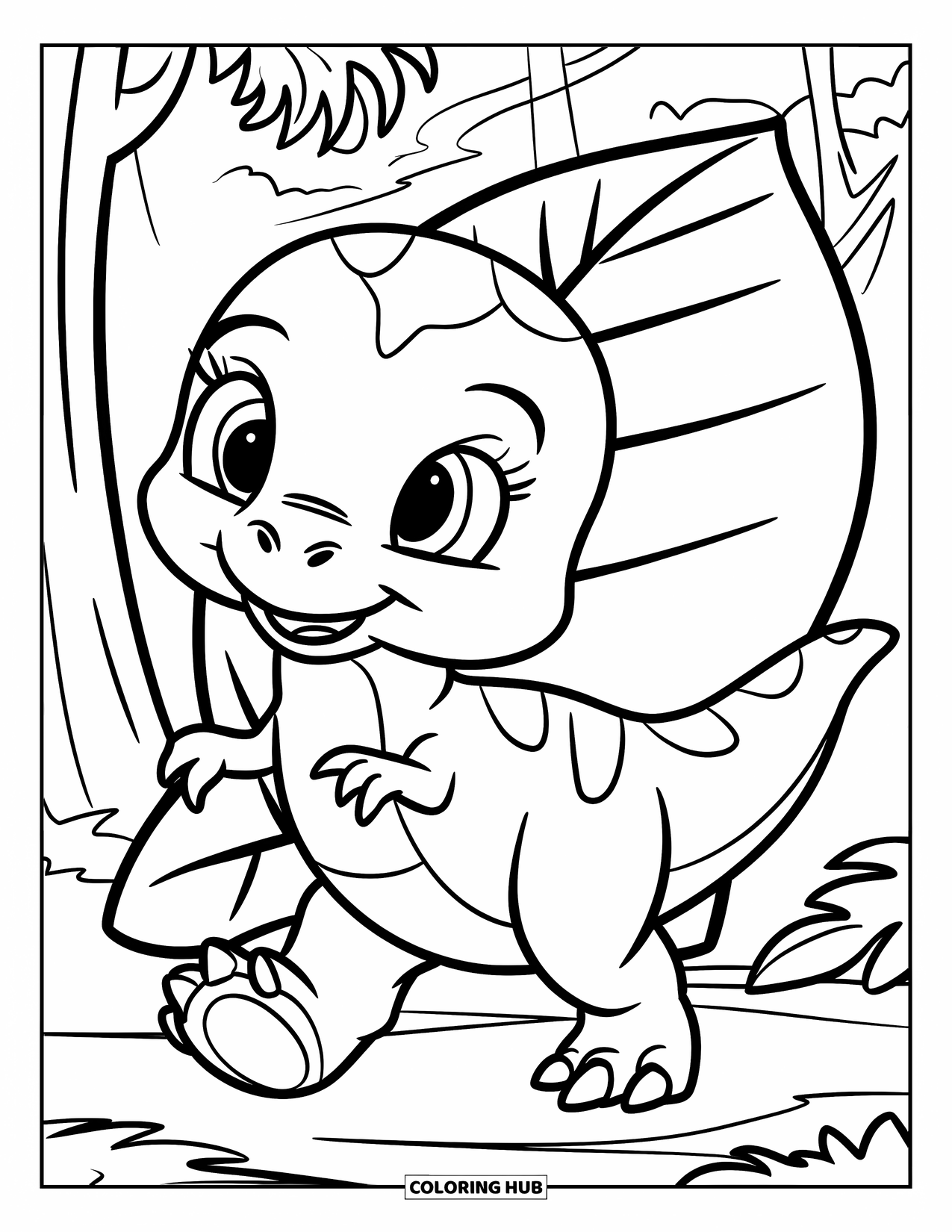 Baby Dinosaur Coloring Page for Kids: Cute baby T-rex with oversized feet walks beside a giant leaf in the forest