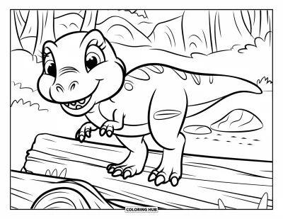 Tegning af babydinosaurer til børn: Grinende baby-T-rex hopper over en træstamme i en legesyg skovscene