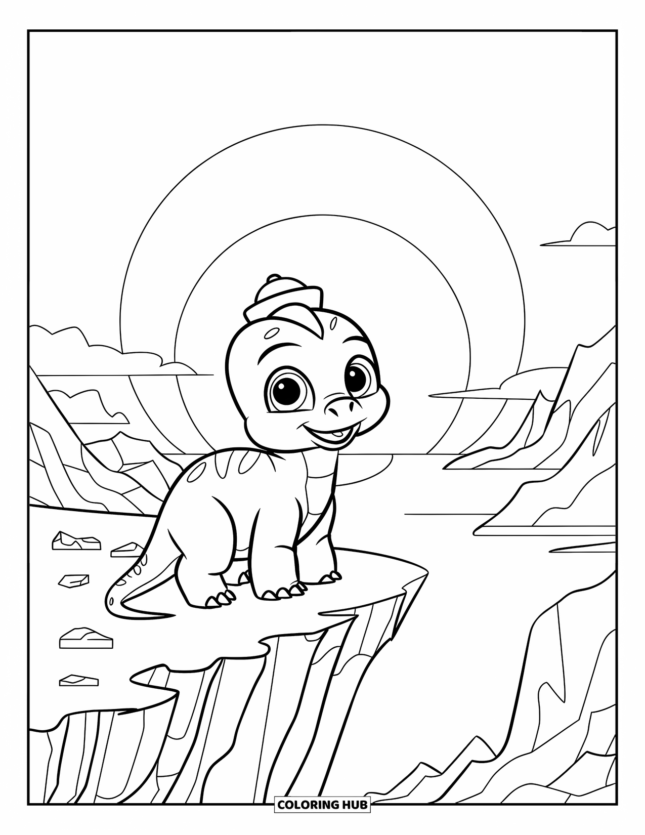 Baby Dinosaur Coloring Page for Kids: Happy baby dinosaur in a tiny hat watches the sunset from a high cliff