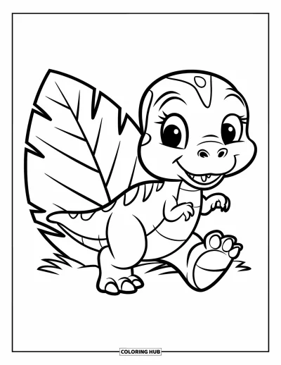 Tegning af babydinosaurer til børn: Glad baby-T-rex går en tur med kæmpe fødder ved siden af et stort blad